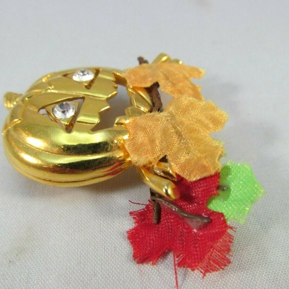 Pumpkin Brooch with Rhinestone Eyes Autumn Leaves - Picture 3 of 11